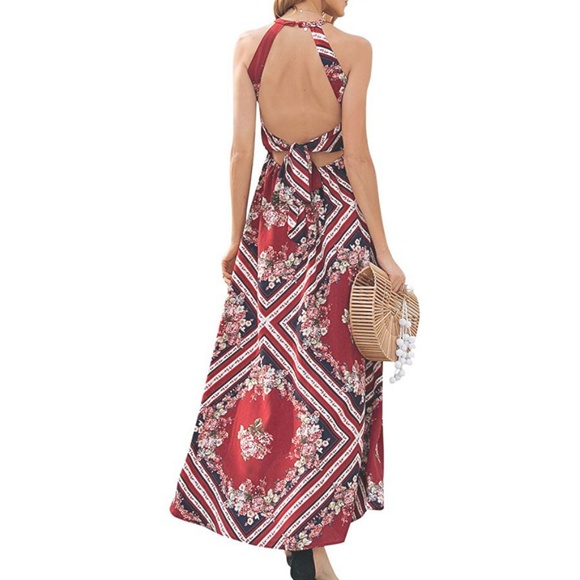 NWT Open Back Floral Stripe Maxi Dress - Picture 2 of 6